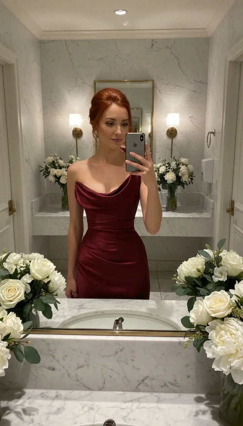 Amarante · La Robe En Satin Drapée À Une Épaule — photo d'un client 2